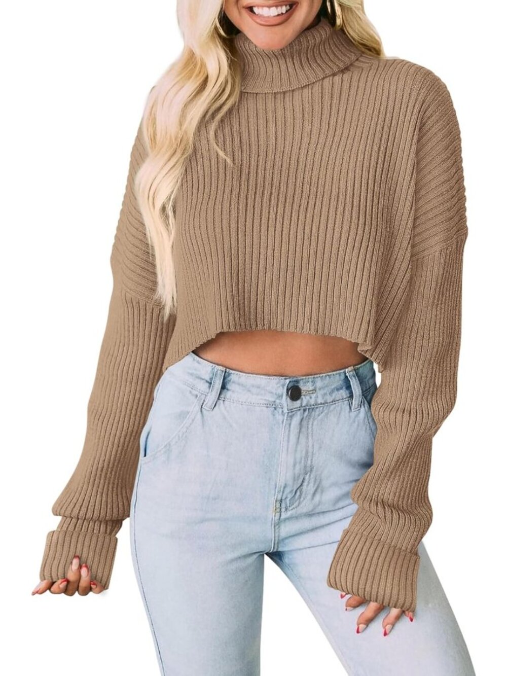 Chic Women's Turtleneck Long Sleeve Cropped Sweater - Cozy & Stylish Top